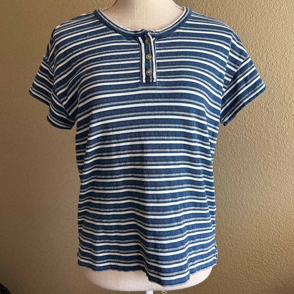 Madewell Indigo Striped Button Brother Henley Tee Sz Small